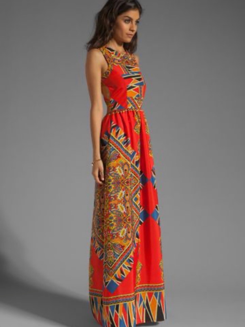 Lovers + Friends Kitty Cat Maxi Dress Scarf Print Orange Red Size Small - Picture 3 of 10